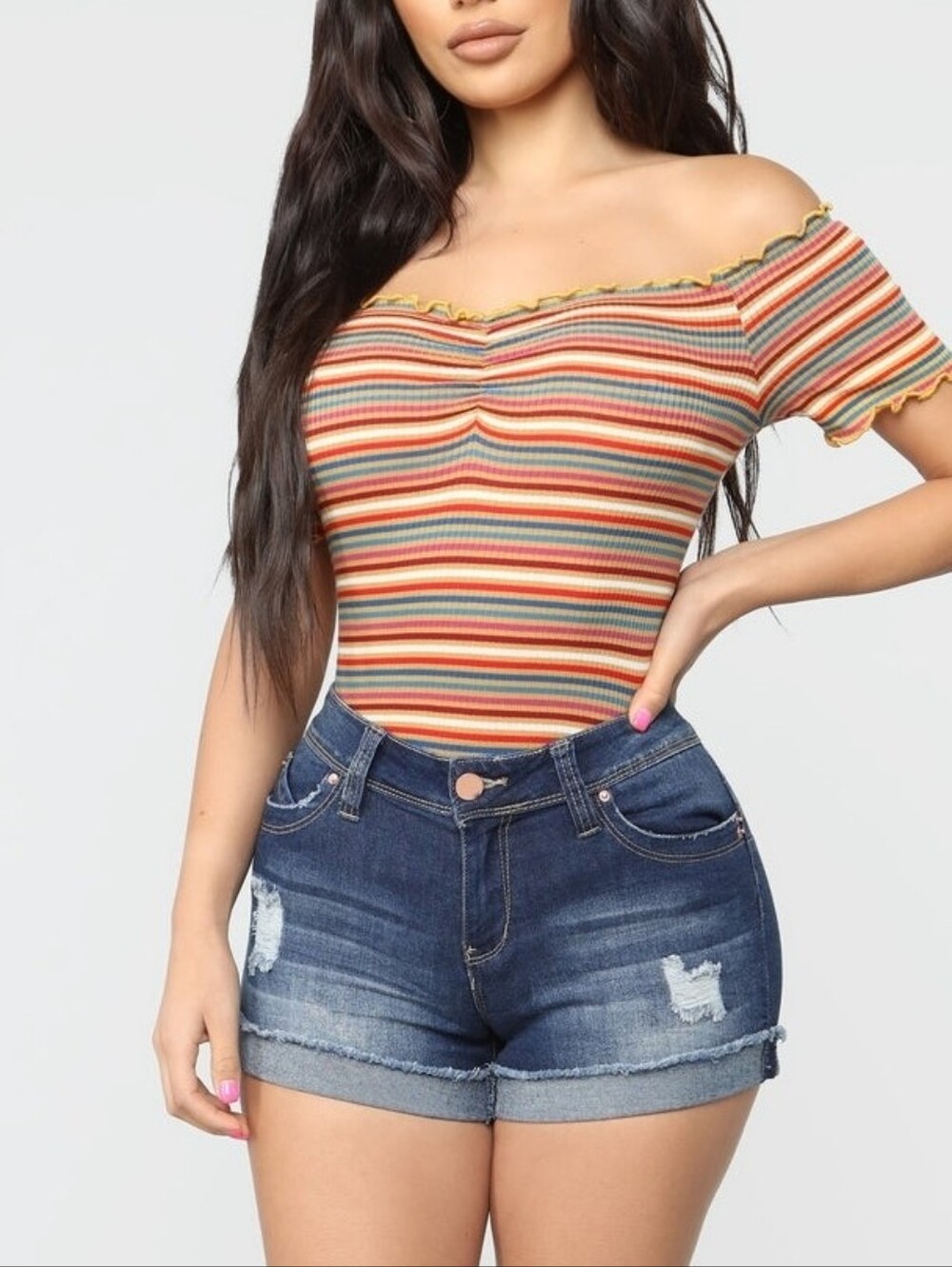 Fashion Nova Off-Shoulder Ribbed Striped Top - Orange, Red, Green, Cream